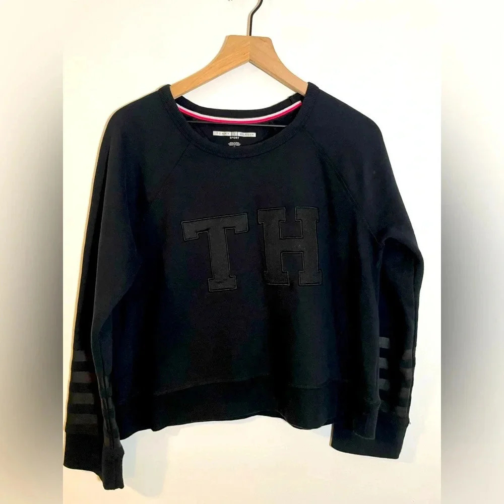 Tommy Hilfiger Sport Fleece Lined Black Cropped Sweatshirt Soft Cozy Large EUC